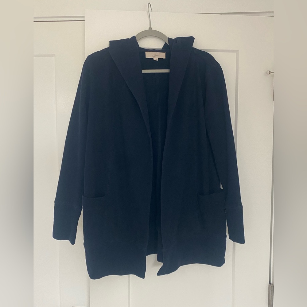 Loft Women’s Dark Navy Cotton Open Cardigan Hoodie Sweatshirt Size Small